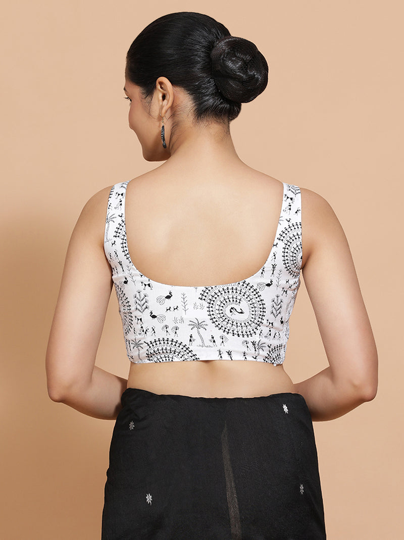 Nazreen x Rozaana | Sleeveless Cotton Saree Blouse in White Warli Print Fabric-Binks