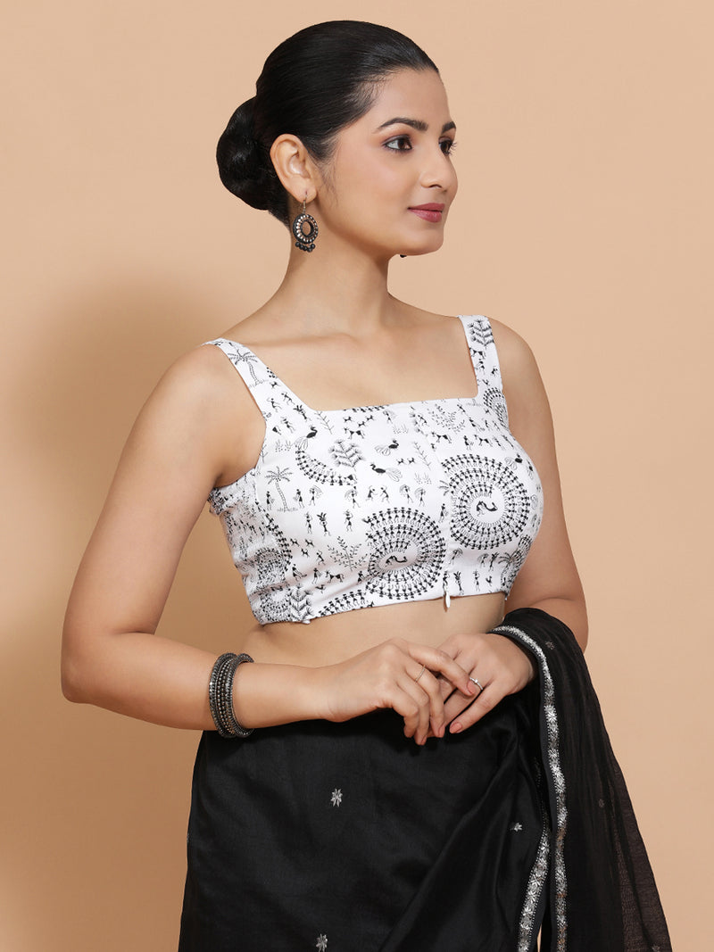 Nazreen x Rozaana | Sleeveless Cotton Saree Blouse in White Warli Print Fabric-Binks
