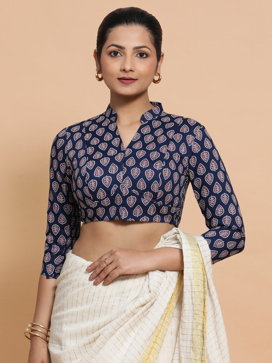 Nehal x Rozaana Saree Blouse, in Blue Cotton, featuring three quarter sleeves and mandarin collar neckline.