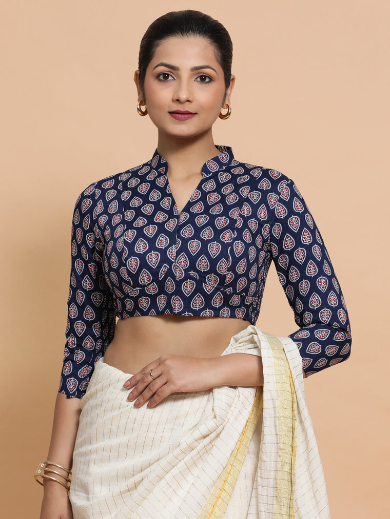 Nehal x Rozaana Saree Blouse, in Blue Cotton, featuring three quarter sleeves and mandarin collar neckline.