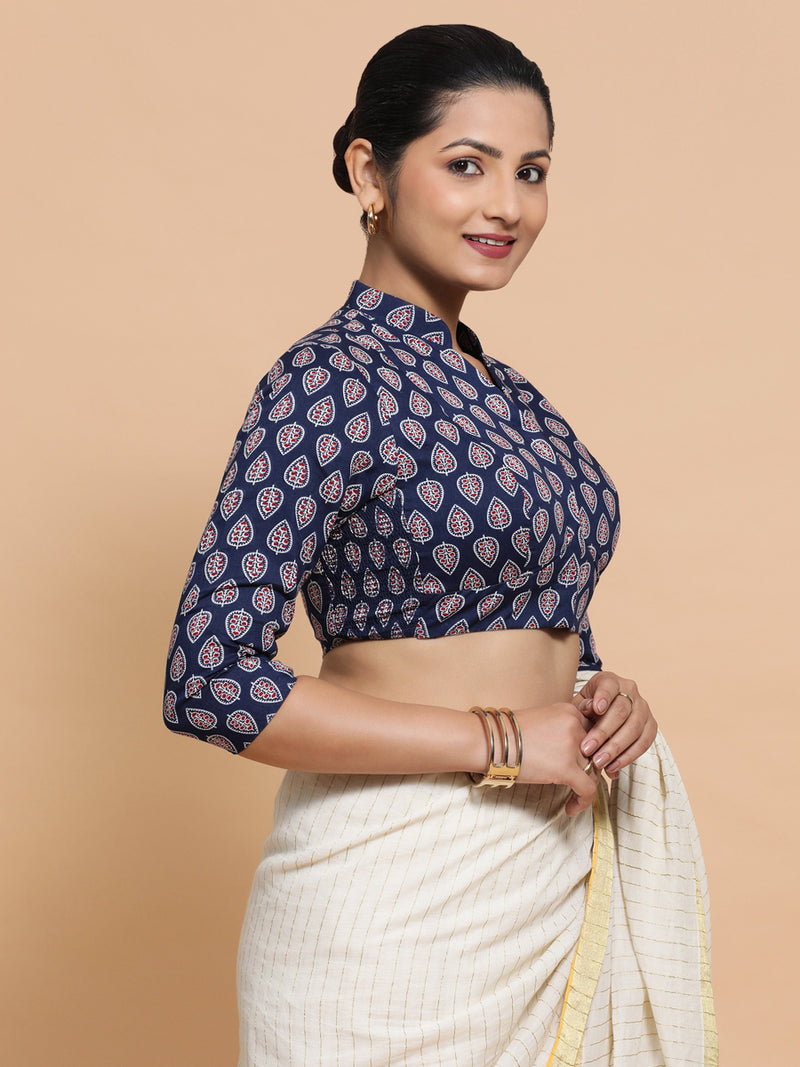 Nehal x Rozaana | Three Quarter Sleeves Cotton Saree Blouse in Indigo Blue Spade Block Print Fabric-Binks