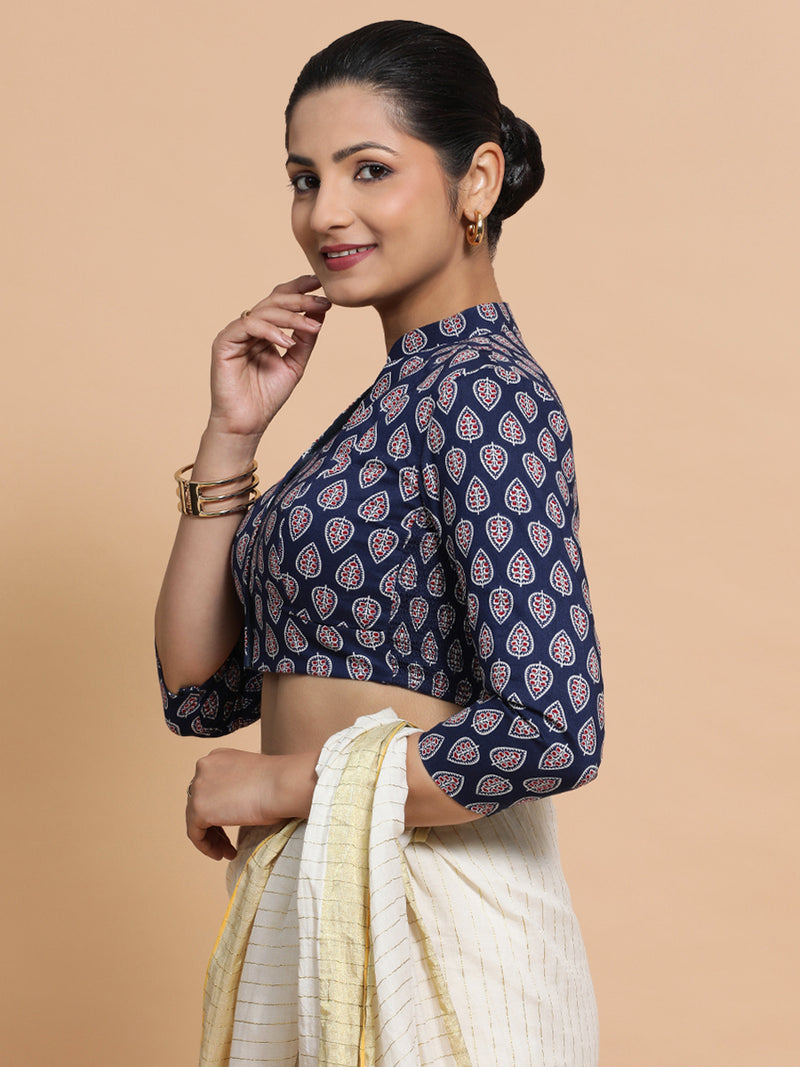 Nehal x Rozaana | Three Quarter Sleeves Cotton Saree Blouse in Indigo Blue Spade Block Print Fabric-Binks