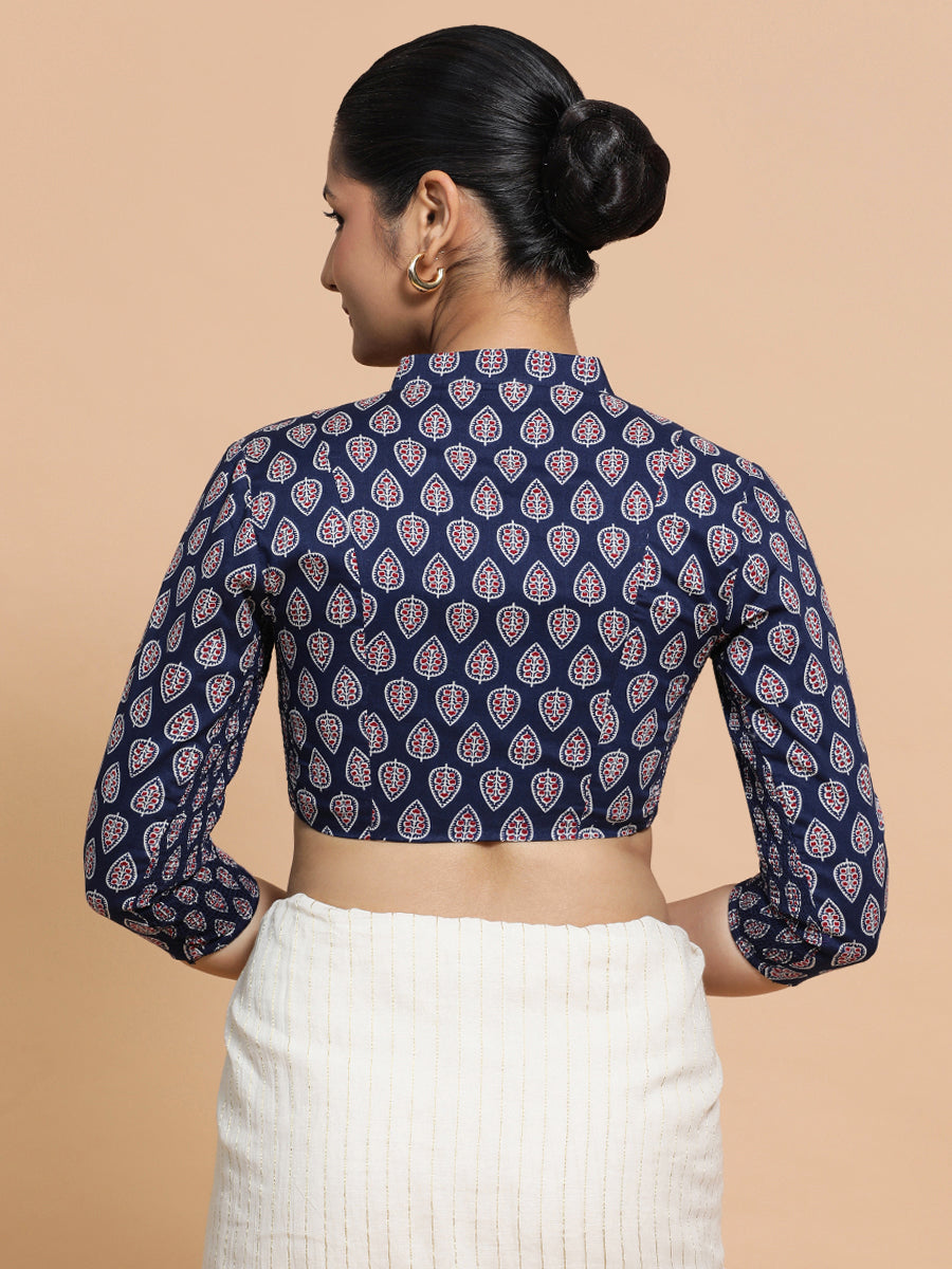 Nehal x Rozaana Saree Blouse, in Blue Cotton, featuring three quarter sleeves and mandarin collar neckline (view 2).