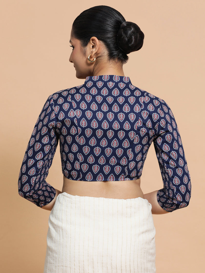 Nehal x Rozaana | Three Quarter Sleeves Cotton Saree Blouse in Indigo Blue Spade Block Print Fabric-Binks