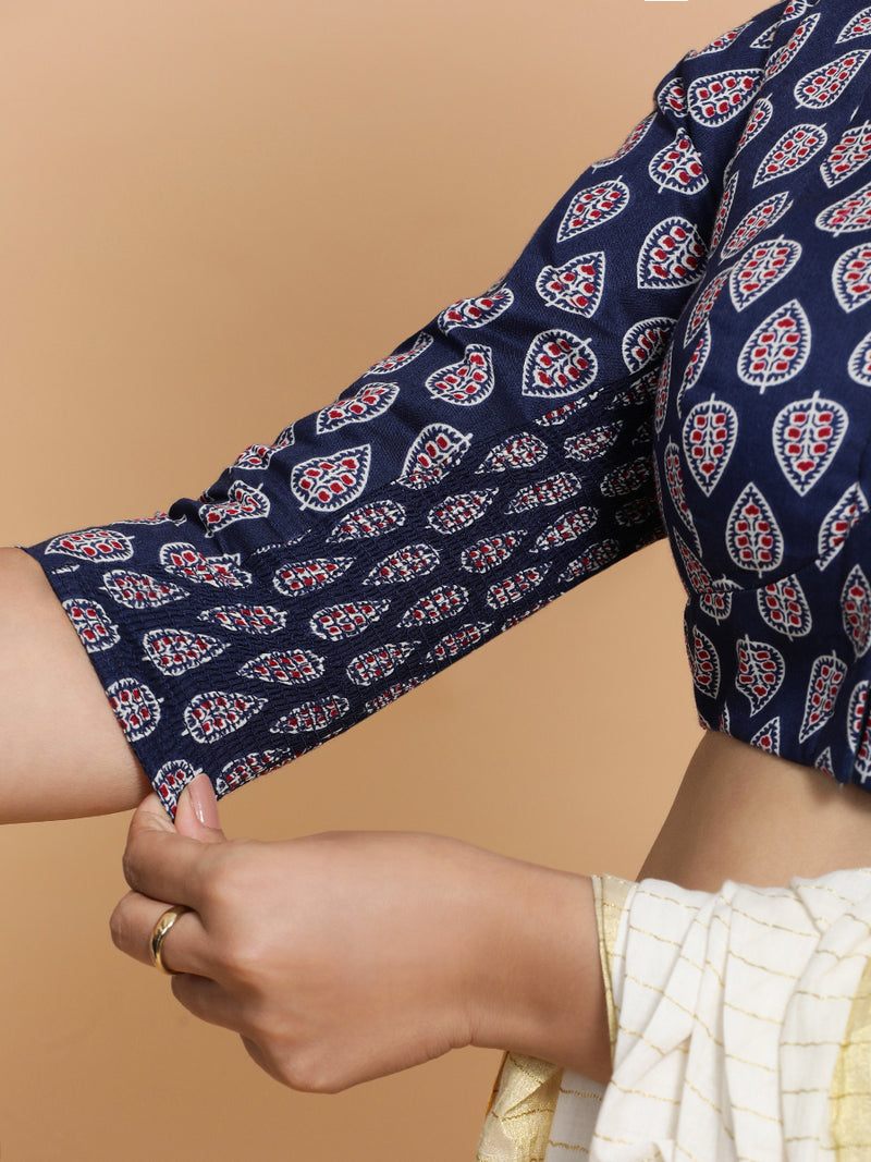 Nehal x Rozaana | Three Quarter Sleeves Cotton Saree Blouse in Indigo Blue Spade Block Print Fabric-Binks