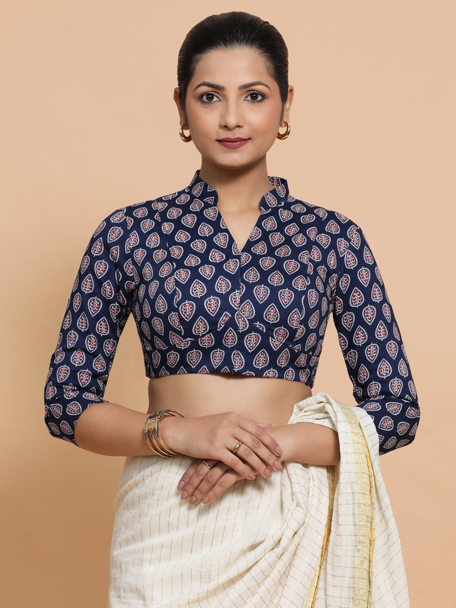 Nehal x Rozaana Saree Blouse, in Blue Cotton, featuring three quarter sleeves and mandarin collar neckline (view 5).