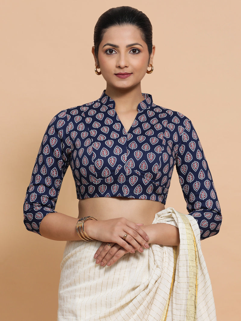 Nehal x Rozaana | Three Quarter Sleeves Cotton Saree Blouse in Indigo Blue Spade Block Print Fabric-Binks