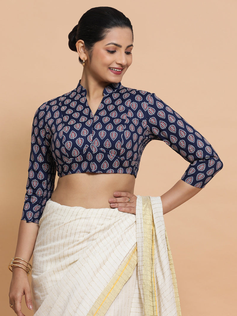 Nehal x Rozaana | Three Quarter Sleeves Cotton Saree Blouse in Indigo Blue Spade Block Print Fabric-Binks