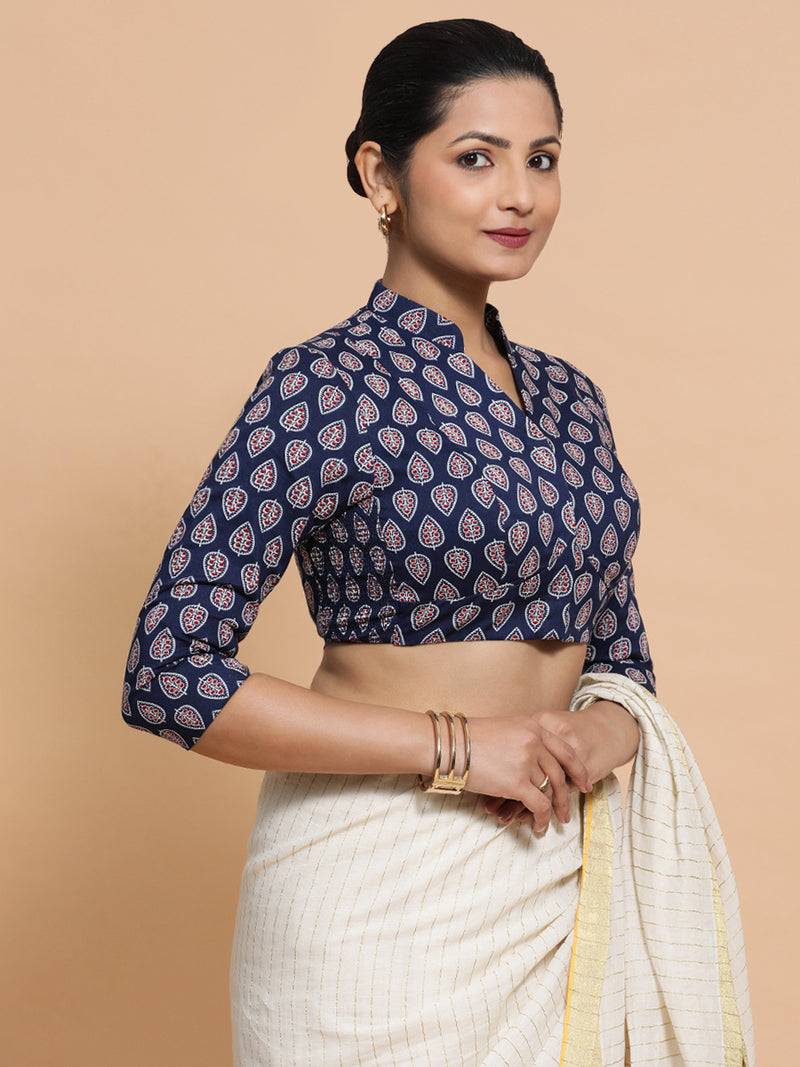 Nehal x Rozaana | Three Quarter Sleeves Cotton Saree Blouse in Indigo Blue Spade Block Print Fabric-Binks