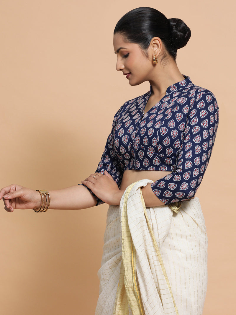 Nehal x Rozaana | Three Quarter Sleeves Cotton Saree Blouse in Indigo Blue Spade Block Print Fabric-Binks