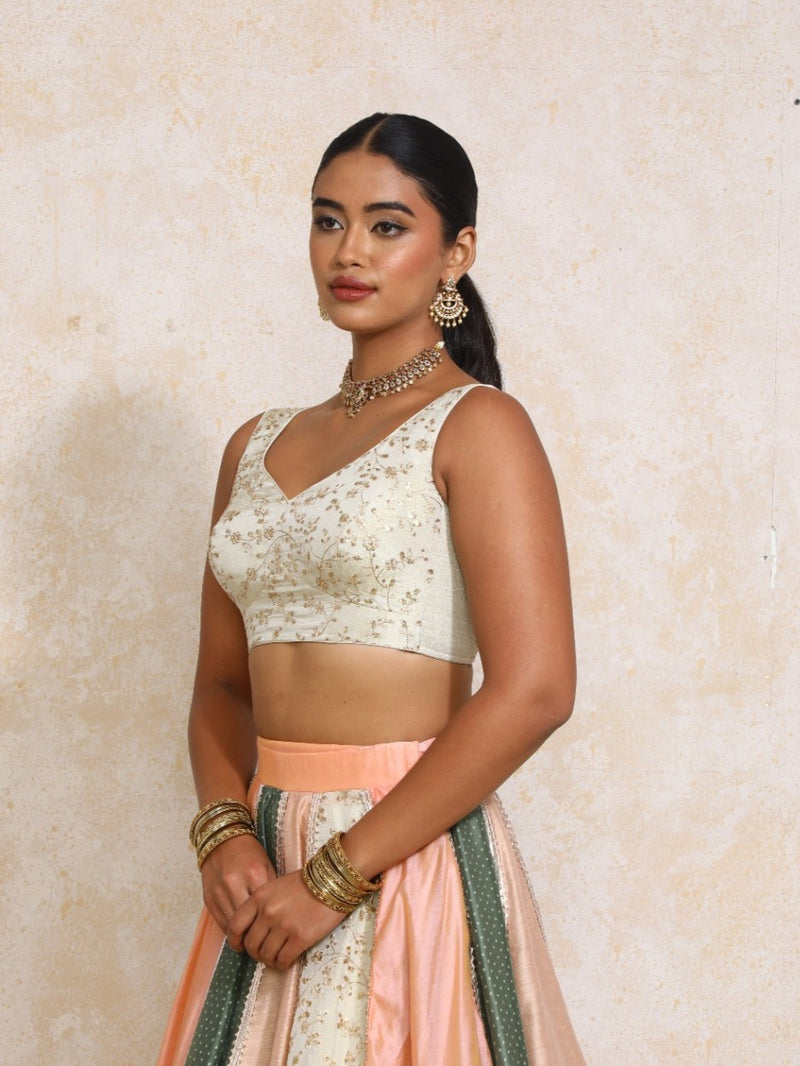 Nerina x Tyohaar | Sleeveless Cream Embroidered Tissue Saree Blouse-Binks