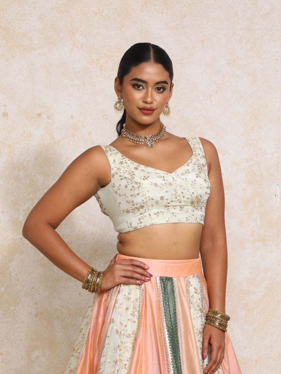 Nerina x Tyohaar Saree Blouse, in Cream Satin Viscose, featuring sleeveless and sweetheart neckline (view 5).