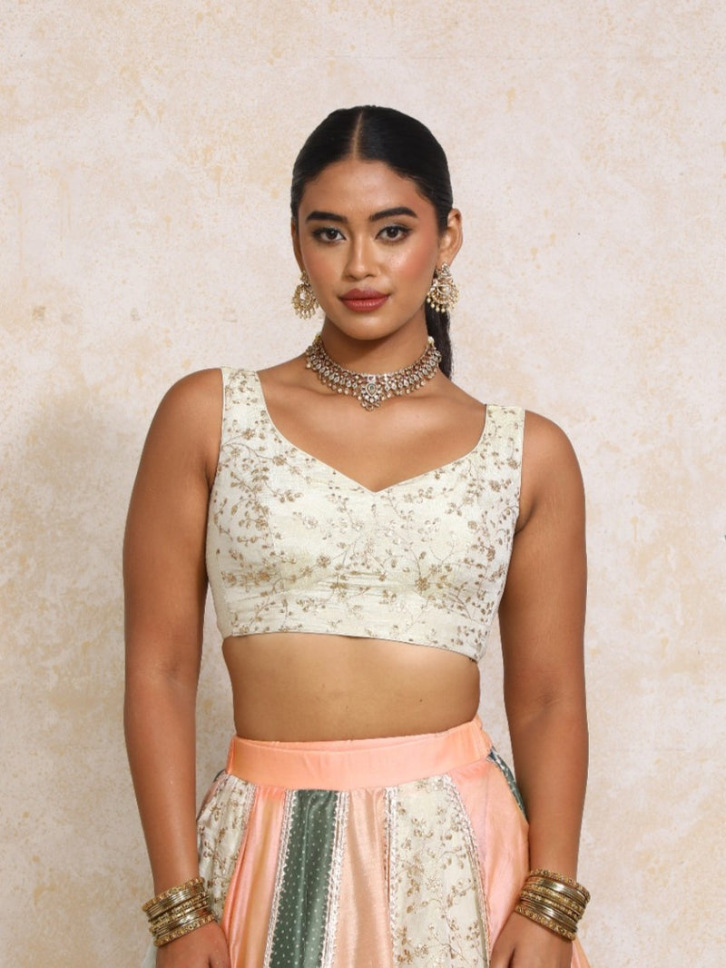 Nerina x Tyohaar | Sleeveless Cream Embroidered Tissue Saree Blouse-Binks