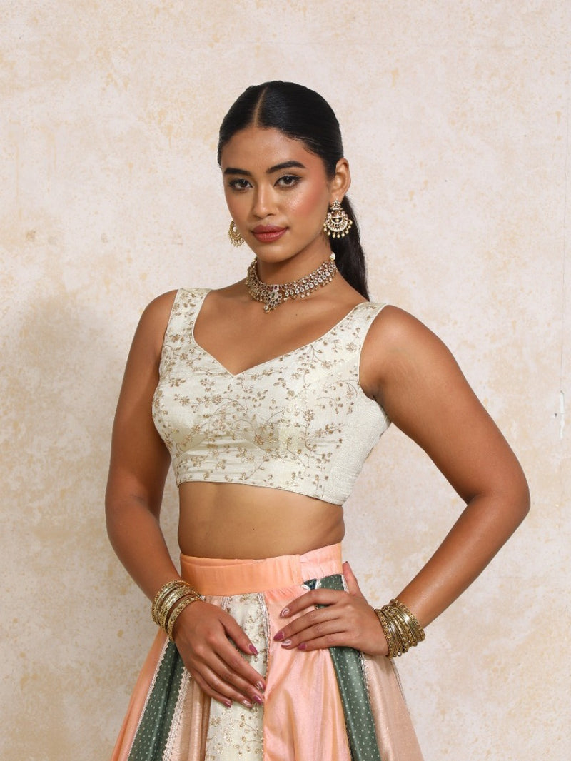 Nerina x Tyohaar | Sleeveless Cream Embroidered Tissue Saree Blouse-Binks