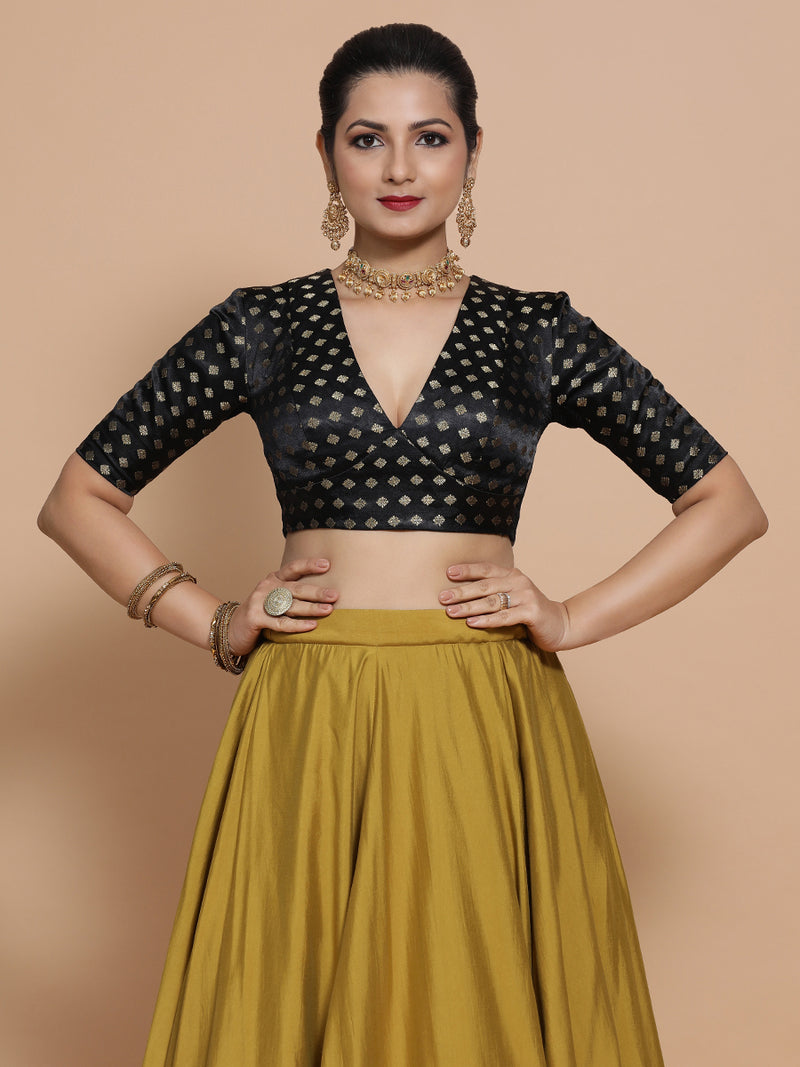 Nida x Tyohaar | Elbow Sleeves Satin Viscose Saree Blouse in Black Butta Fabric-Binks