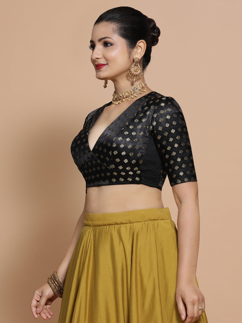 Nida x Tyohaar | Elbow Sleeves Satin Viscose Saree Blouse in Black Butta Fabric-Binks