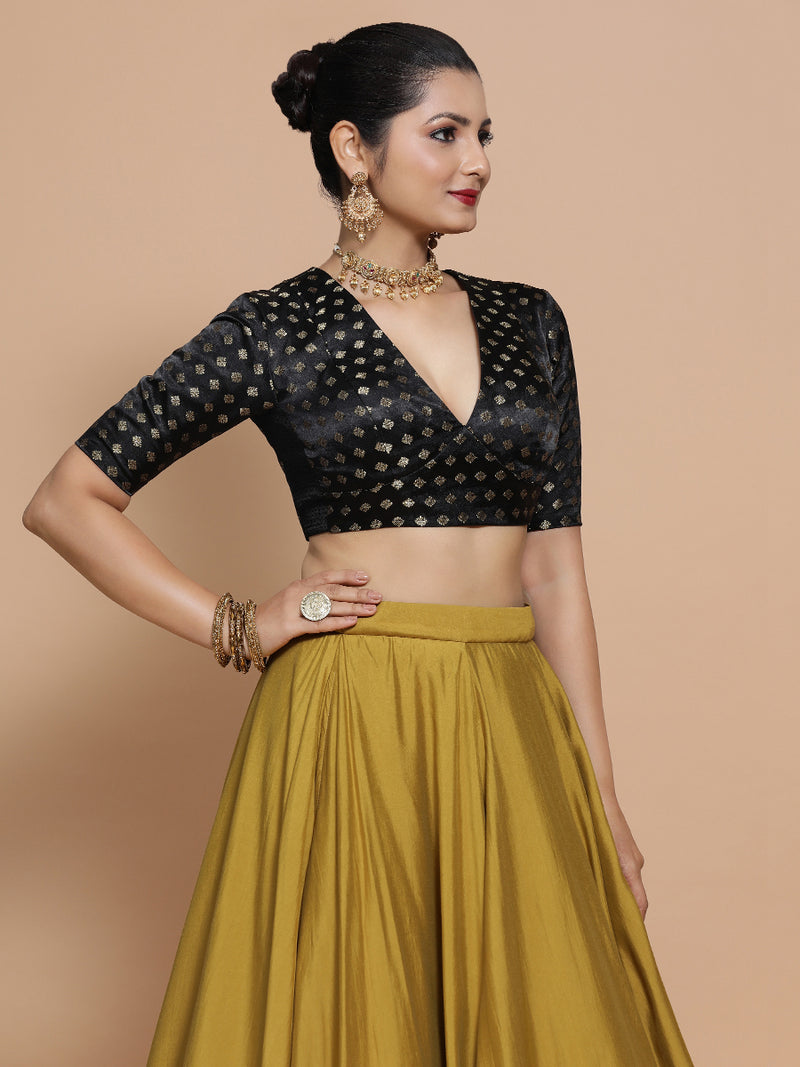 Nida x Tyohaar | Elbow Sleeves Satin Viscose Saree Blouse in Black Butta Fabric-Binks