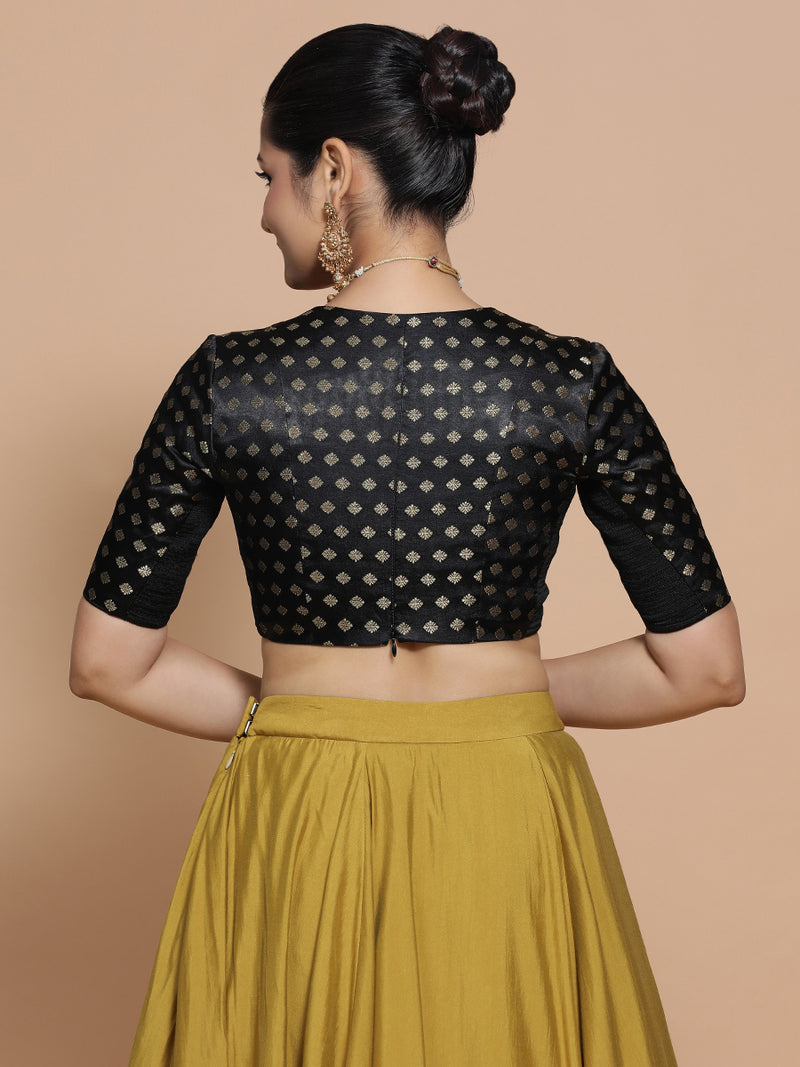 Nida x Tyohaar | Elbow Sleeves Satin Viscose Saree Blouse in Black Butta Fabric-Binks