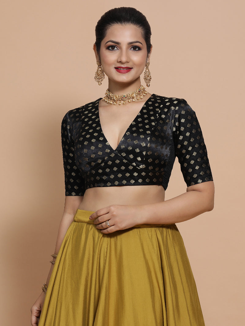 Nida x Tyohaar | Elbow Sleeves Satin Viscose Saree Blouse in Black Butta Fabric-Binks