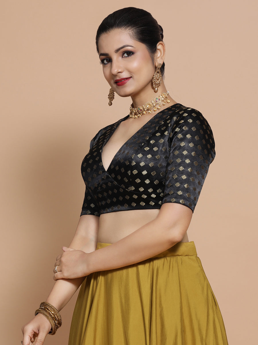 Nida x Tyohaar Saree Blouse, in Black Embroidery & Brocade, featuring elbow sleeves and v-neckline, made for party & festive.