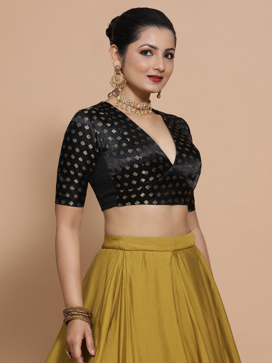 Nida x Tyohaar Saree Blouse, in Black Embroidery & Brocade, featuring elbow sleeves and v-neckline, made for party & festive.