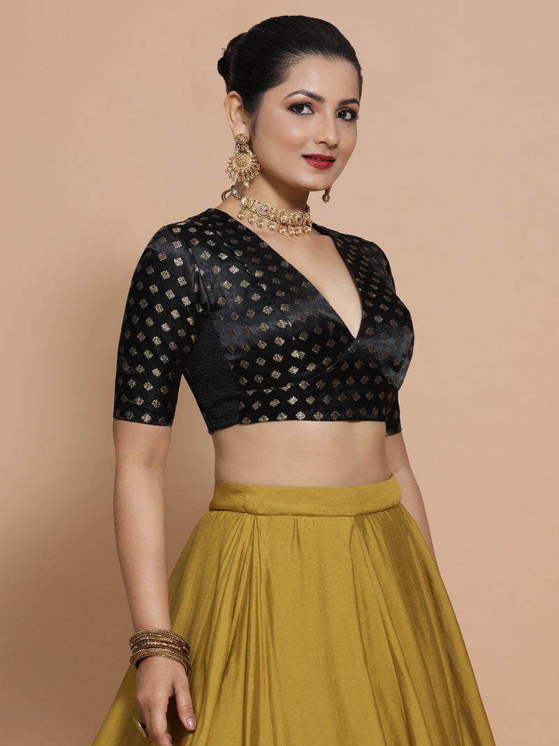 Nida x Tyohaar | Elbow Sleeves Satin Viscose Saree Blouse in Black Butta Fabric-Binks