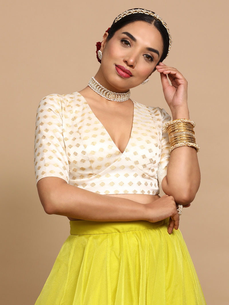 Nida x Tyohaar | Elbow Sleeves Satin Viscose Saree Blouse in Cream Butta Fabric-Binks