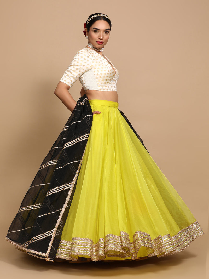 Nida x Tyohaar | Elbow Sleeves Satin Viscose Saree Blouse in Cream Butta Fabric-Binks