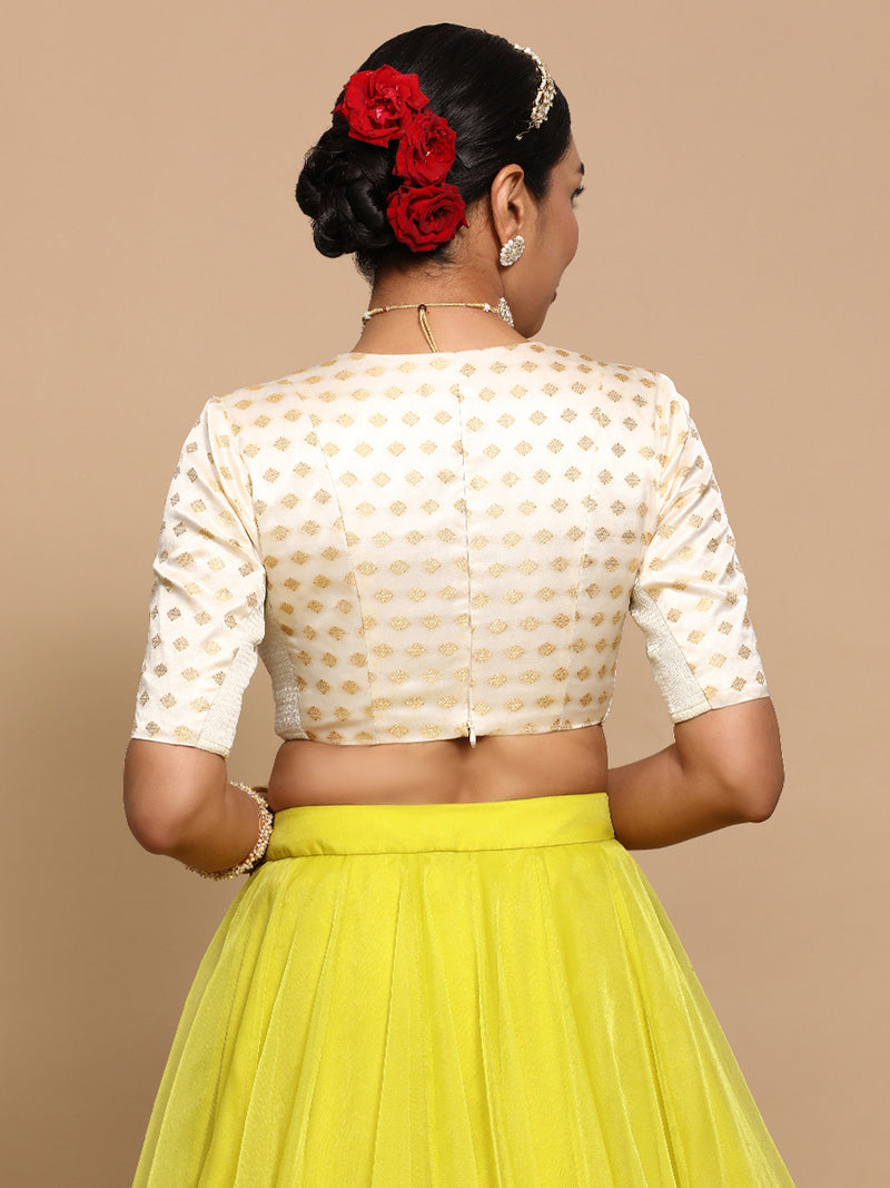 Nida x Tyohaar | Elbow Sleeves Satin Viscose Saree Blouse in Cream Butta Fabric-Binks