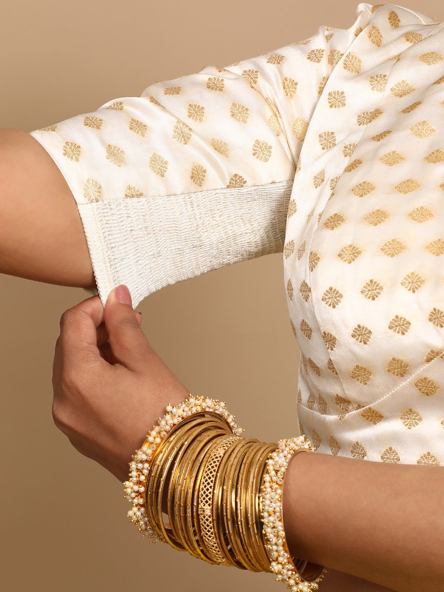 Nida x Tyohaar Saree Blouse, in Cream Embroidery & Brocade, featuring elbow sleeves and v-neckline, made for party & festive.