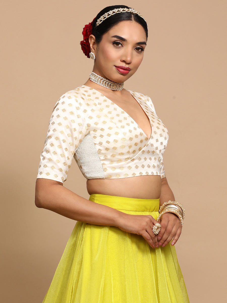 Nida x Tyohaar Saree Blouse, in Cream Embroidery & Brocade, featuring elbow sleeves and v-neckline, made for party & festive.