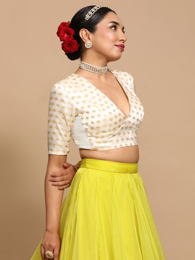 Nida x Tyohaar | Elbow Sleeves Satin Viscose Saree Blouse in Cream Butta Fabric-Binks