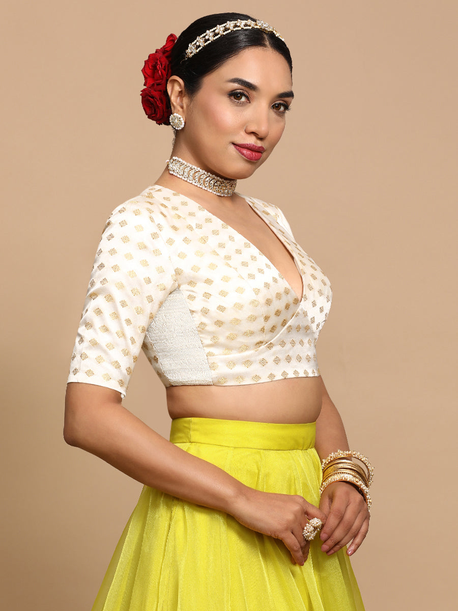 Nida x Tyohaar Saree Blouse, in Cream Embroidery & Brocade, featuring elbow sleeves and v-neckline, made for party & festive.