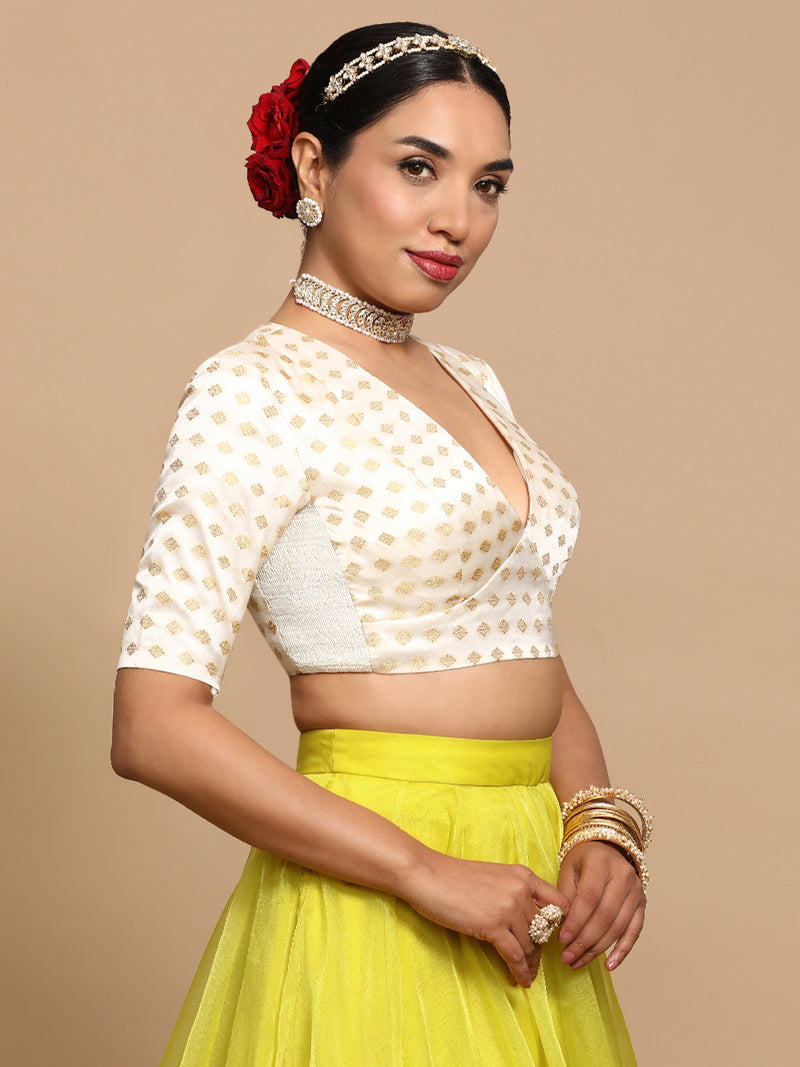 Nida x Tyohaar | Elbow Sleeves Satin Viscose Saree Blouse in Cream Butta Fabric-Binks