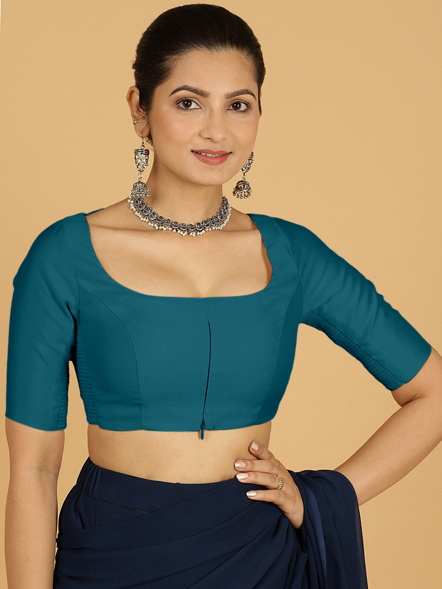 Nidhi x Rozaana Saree Blouse, in Blue Viscose, featuring elbow sleeves and scoop neckline, made for daily & work.