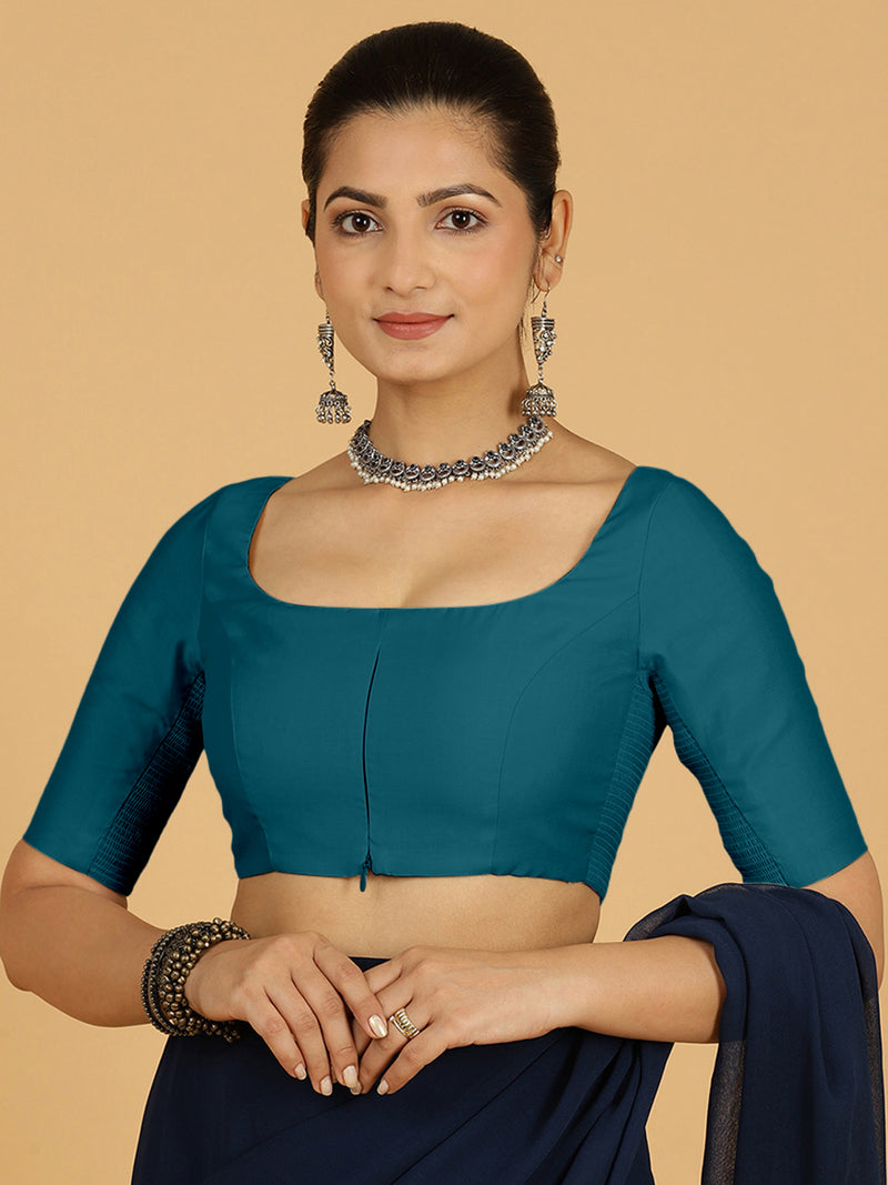 Nidhi x Rozaana | Elbow Sleeves Saree Blouse in Crystal Teal-Binks