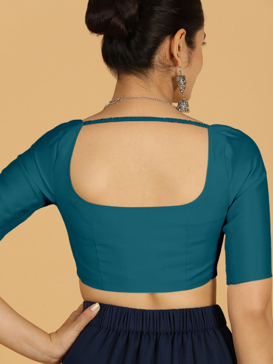 Nidhi x Rozaana Saree Blouse, in Blue Viscose, featuring elbow sleeves and scoop neckline, made for daily & work (view 2).