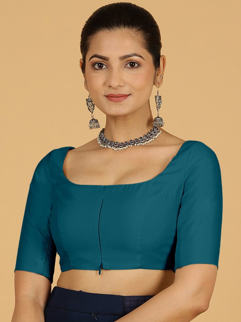 Nidhi x Rozaana | Elbow Sleeves Saree Blouse in Crystal Teal-Binks