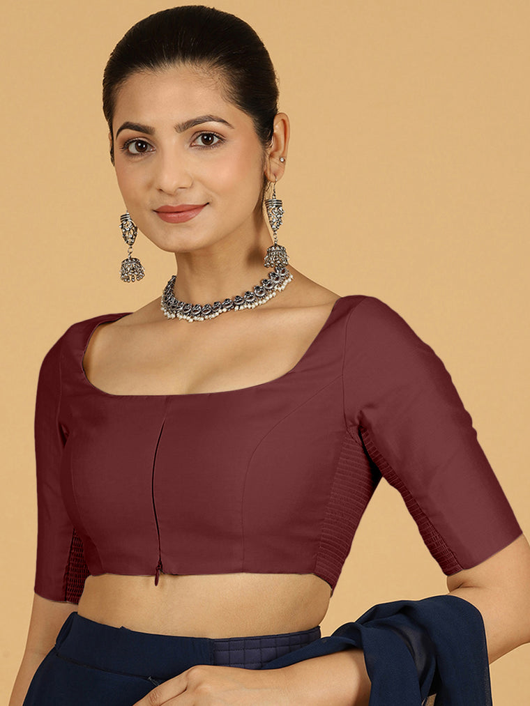 Nidhi x Rozaana Saree Blouse, in Maroon Viscose, featuring elbow sleeves and scoop neckline, made for daily & work.