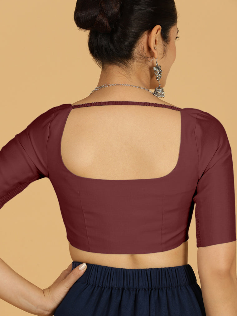 Nidhi x Rozaana Saree Blouse, in Maroon Viscose, featuring elbow sleeves and scoop neckline, made for daily & work (view 2).