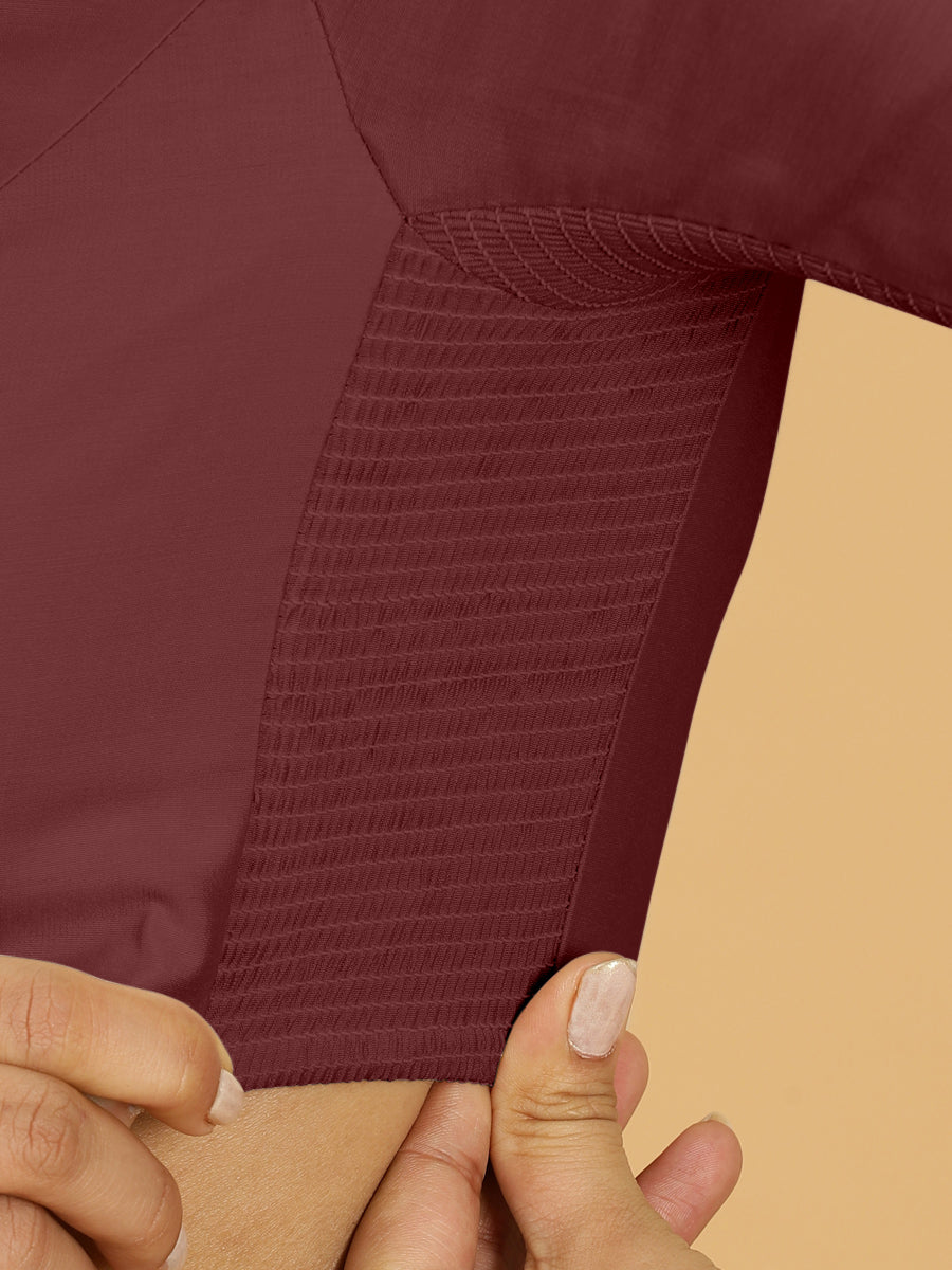 Nidhi x Rozaana Saree Blouse, in Maroon Viscose, featuring elbow sleeves and scoop neckline, made for daily & work (view 3).