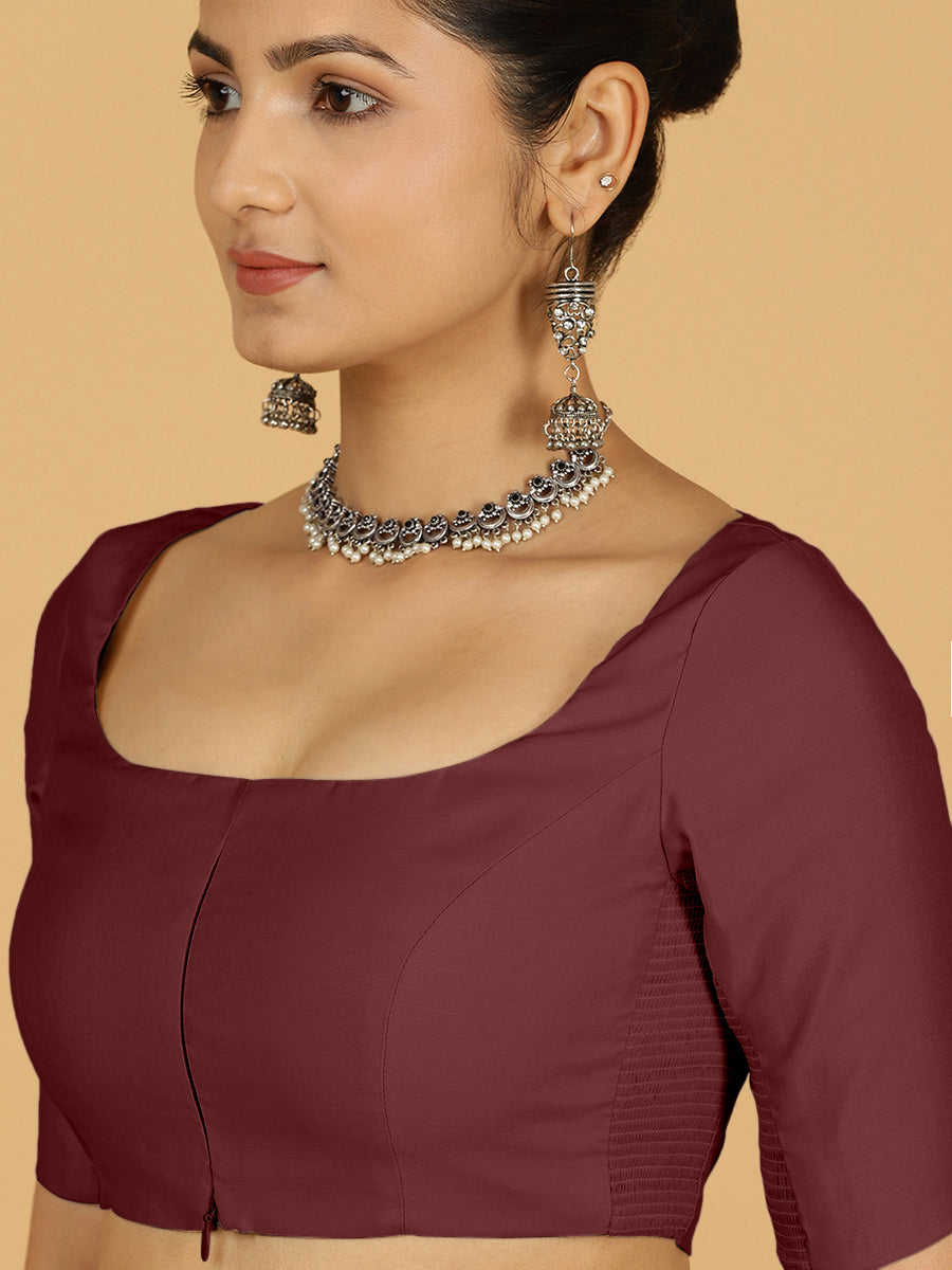 Nidhi x Rozaana Saree Blouse, in Maroon Viscose, featuring elbow sleeves and scoop neckline, made for daily & work (view 5).