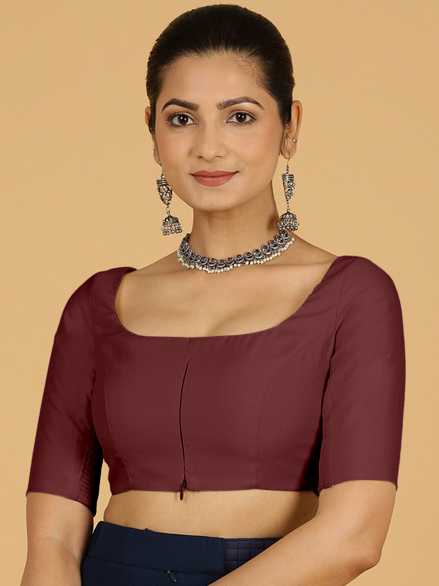 Nidhi x Rozaana Saree Blouse, in Maroon Viscose, featuring elbow sleeves and scoop neckline, made for daily & work (view 8).