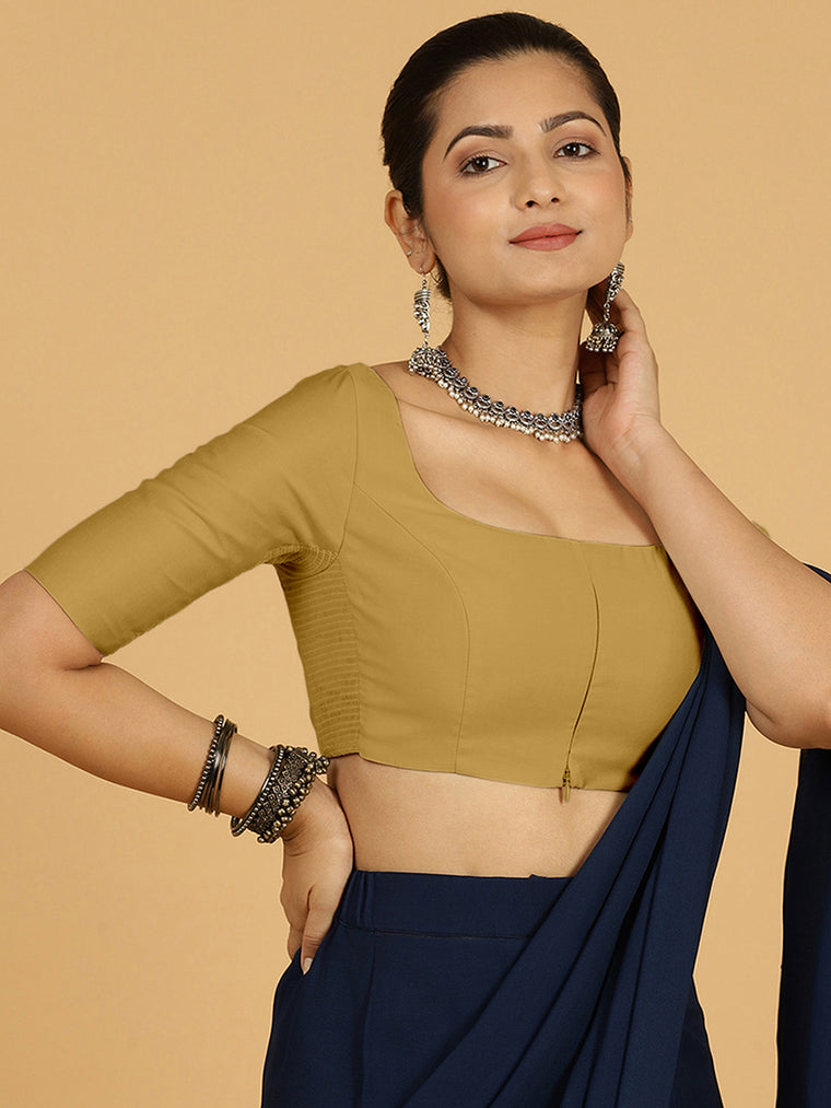 Nidhi x Rozaana Saree Blouse, in Yellow Viscose, featuring elbow sleeves and scoop neckline, made for daily & work.
