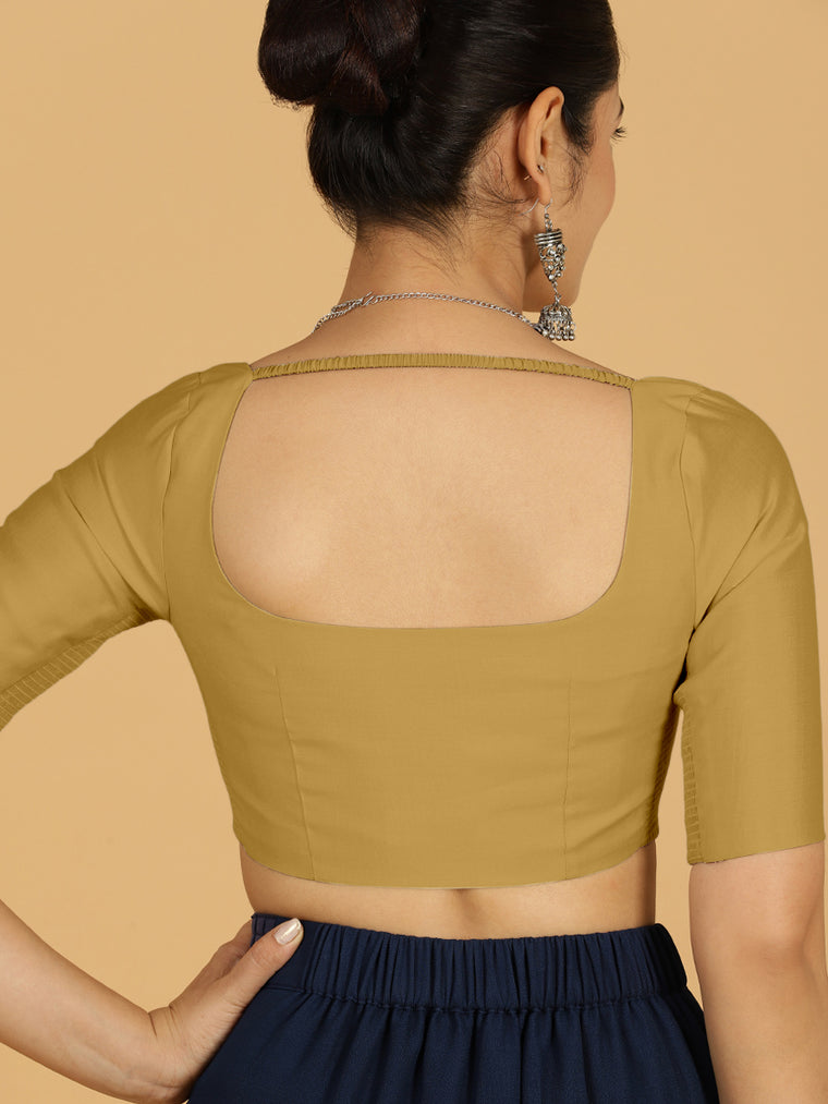 Nidhi x Rozaana Saree Blouse, in Yellow Viscose, featuring elbow sleeves and scoop neckline, made for daily & work (view 2).