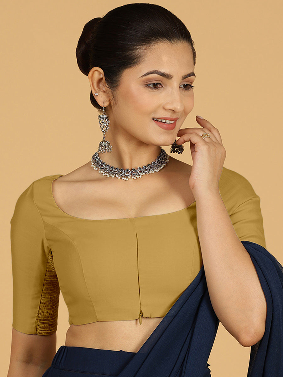 Nidhi x Rozaana Saree Blouse, in Yellow Viscose, featuring elbow sleeves and scoop neckline, made for daily & work (view 7).