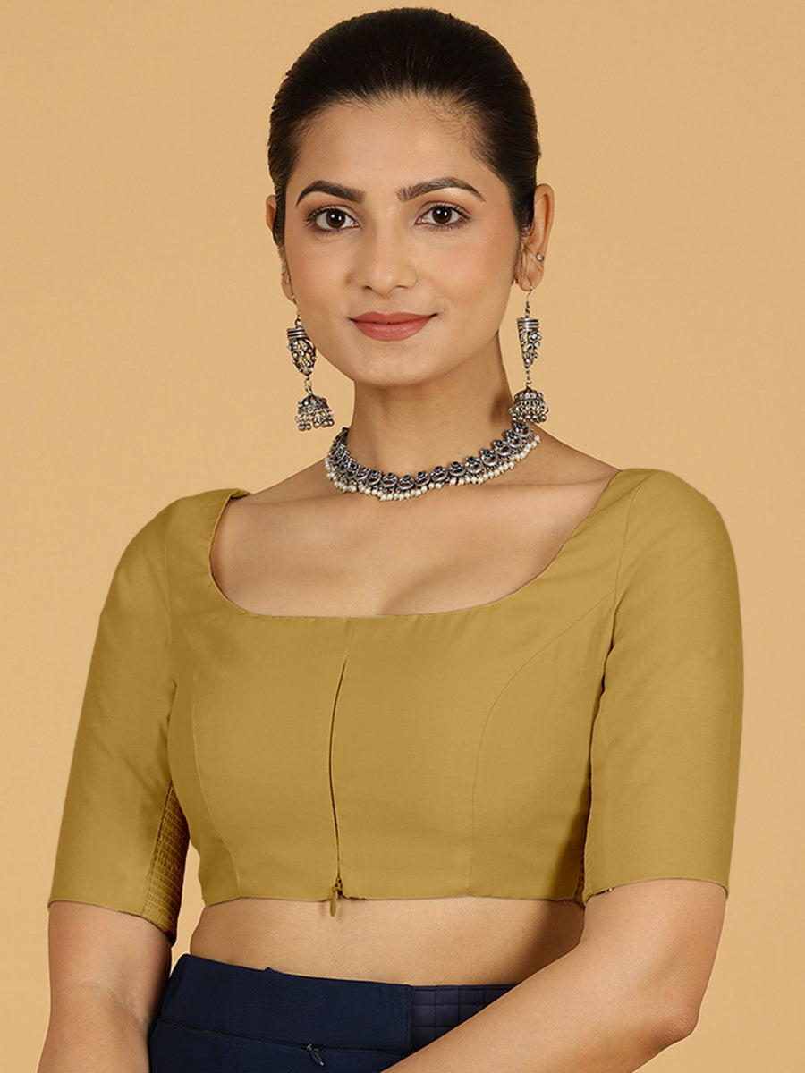 Nidhi x Rozaana Saree Blouse, in Yellow Viscose, featuring elbow sleeves and scoop neckline, made for daily & work (view 8).