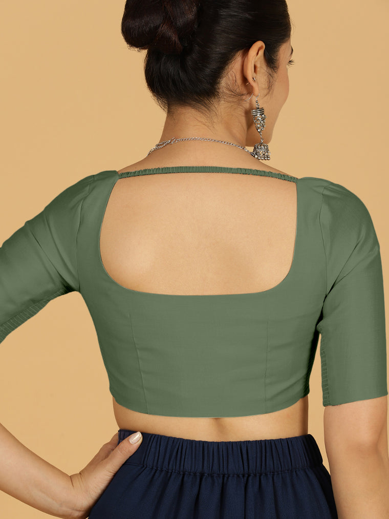 Nidhi x Rozaana Saree Blouse, in Green Viscose, featuring elbow sleeves and scoop neckline, made for daily & work (view 2).