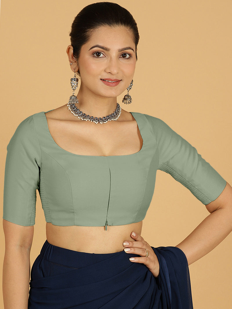 Nidhi x Rozaana | Elbow Sleeves Saree Blouse in Mint Green-Binks