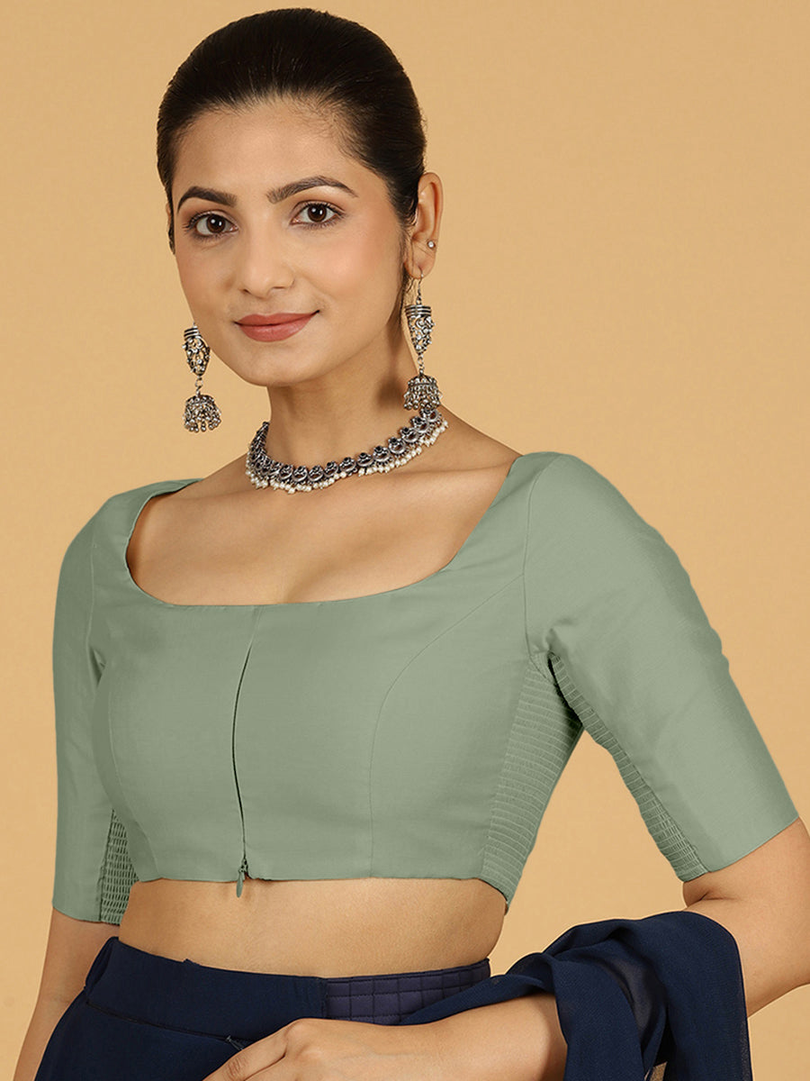 Nidhi x Rozaana Saree Blouse, in Green Viscose, featuring elbow sleeves and scoop neckline, made for daily & work (view 6).